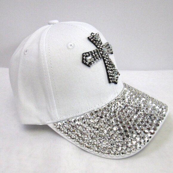 Women's Cross Design White Bling Sparkle Rhinestone Baseball Hat Cap NEW - Picture 4 of 6